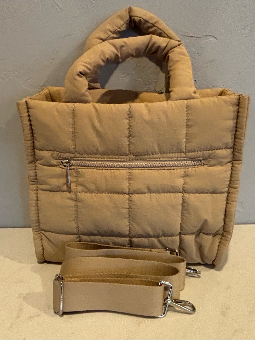 Quilted Puffer Tote Bag in Tan by